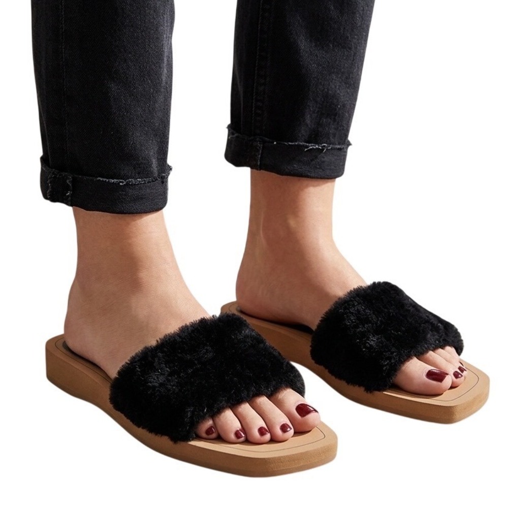 Stuart Weitzman Black Faux Fur Square Toe Slide Sandals Womens 9B